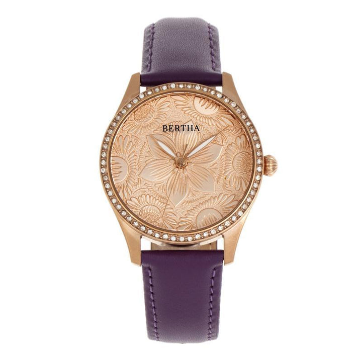 Bertha Dixie Floral Engraved Leather-Band Watch
