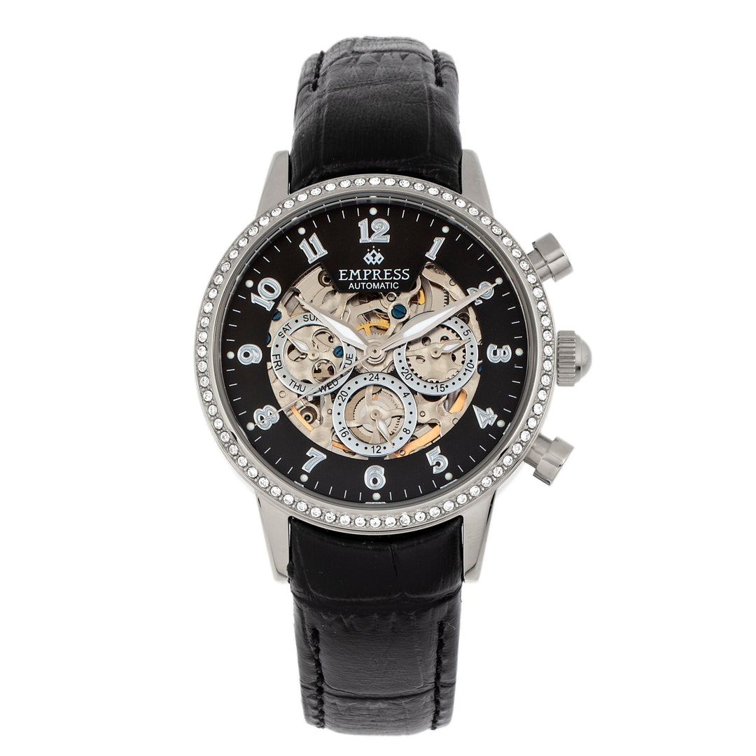 Empress Beatrice Automatic Skeleton Dial Leather-Band Watch w/Day/Date - Silver/Black