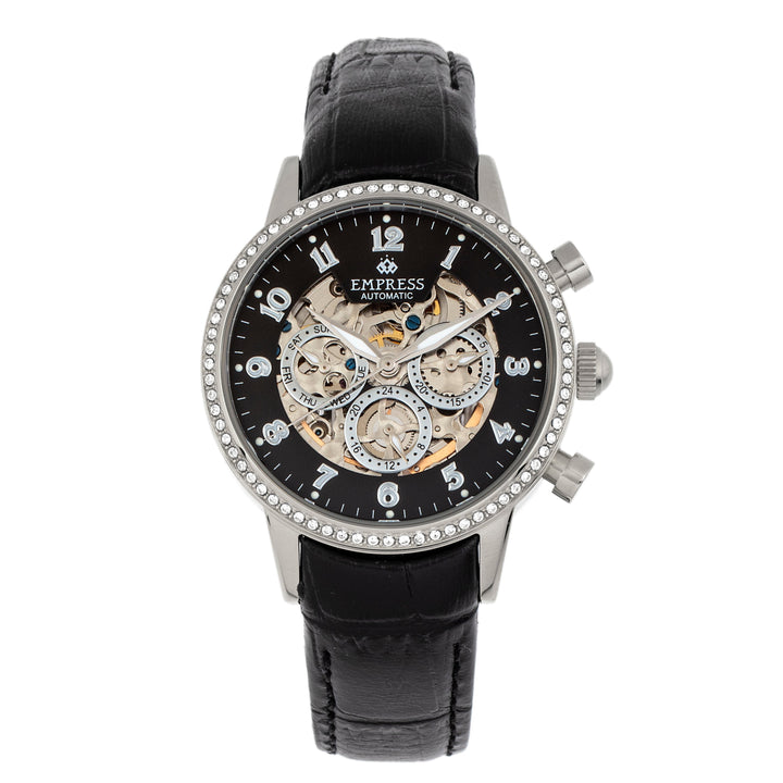 Empress Beatrice Automatic Skeleton Dial Leather-Band Watch w/Day/Date - Silver/Black