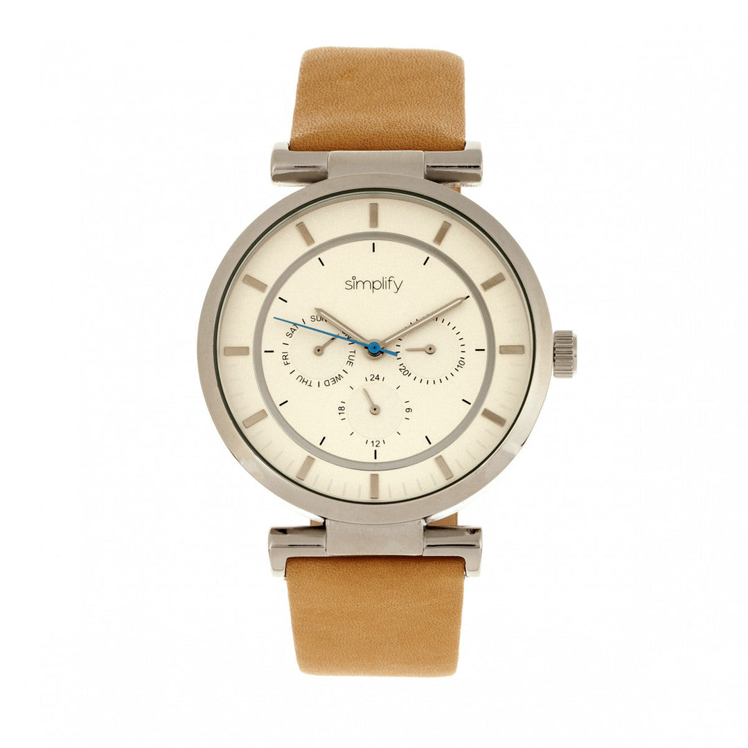 Simplify The 4800 Leather-Band Watch w/Day/Date - Khaki/Silver