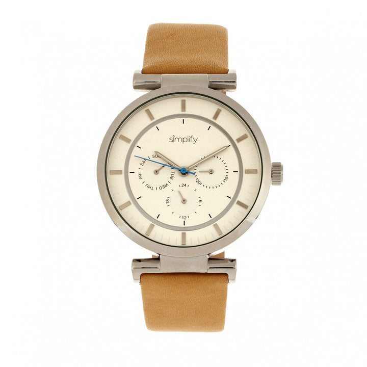 Simplify The 4800 Leather-Band Watch w/Day/Date - Khaki/Silver