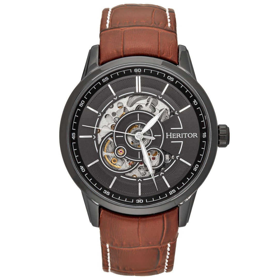 Heritor Automatic Davies Semi-Skeleton Leather-Band Watch - Ruumur