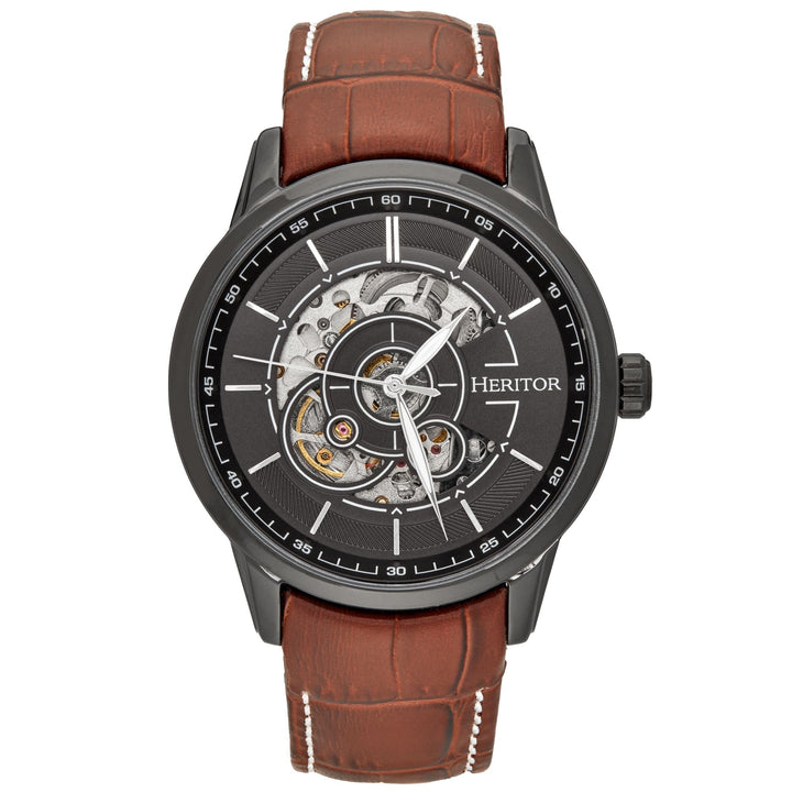 Heritor Automatic Davies Semi-Skeleton Leather-Band Watch - Ruumur