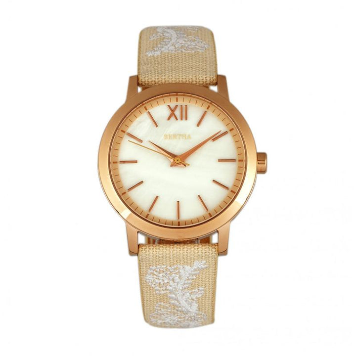Bertha Penelope MOP Nylon-Overlaid Leather-Band Watch