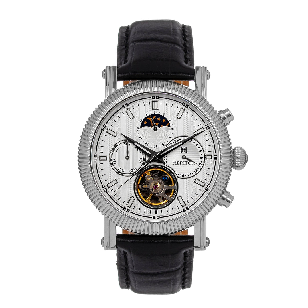 Heritor Automatic Barnsley Semi-Skeleton Leather-Band Watch - Silver/White