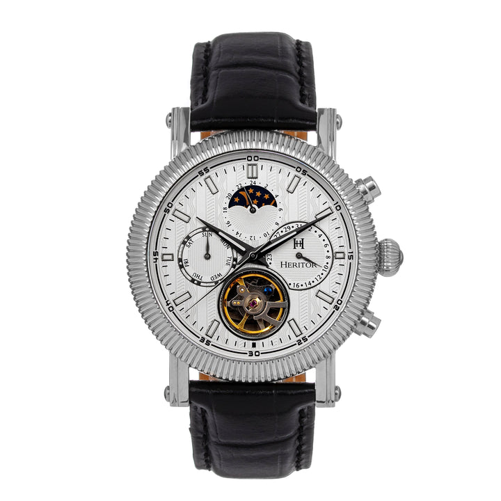 Heritor Automatic Barnsley Semi-Skeleton Leather-Band Watch - Silver/White