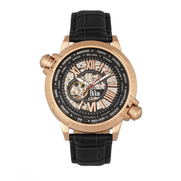 Reign Thanos Automatic Leather-Band Watch - Rose Gold/Black