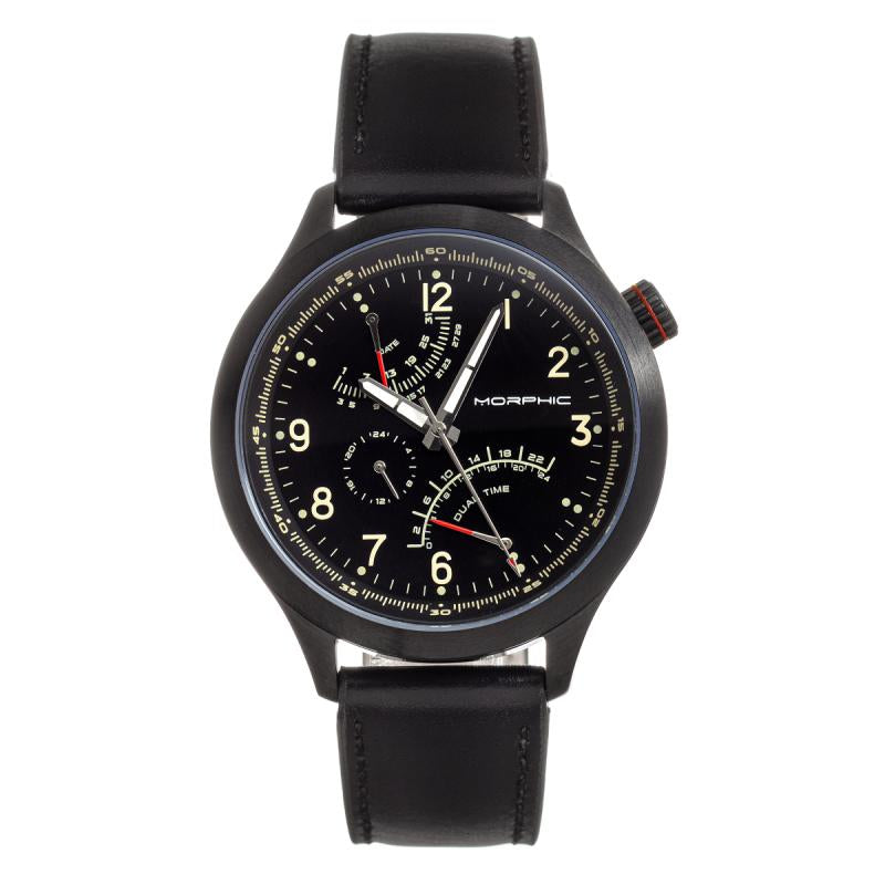 Morphic M44 Series Dual-Time Leather-Band Watch w/ Retrograde Date