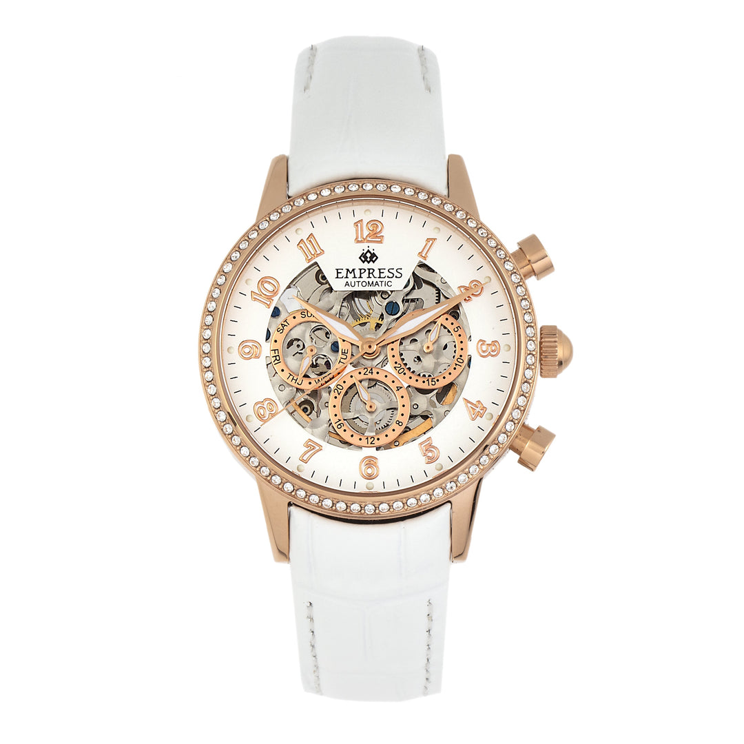Empress Beatrice Automatic Skeleton Dial Leather-Band Watch w/Day/Date - Rose Gold/White