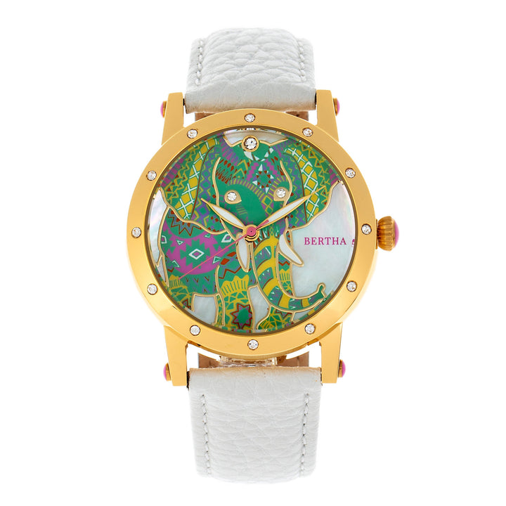 Bertha Betsy MOP Leather-Band Ladies Watch - Gold/White