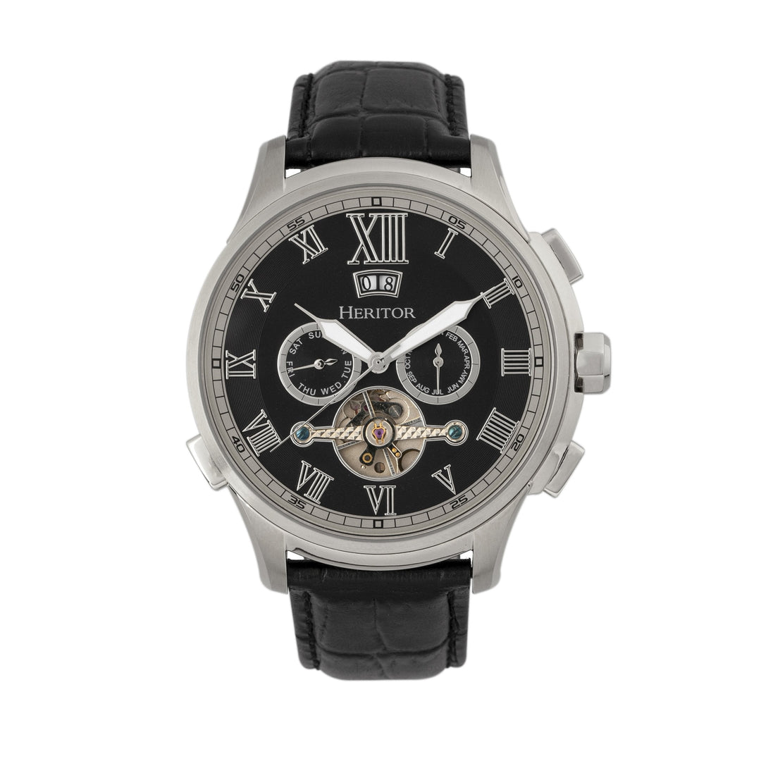 Heritor Automatic Hudson Semi-Skeleton Leather-Band Watch w/Day/Date