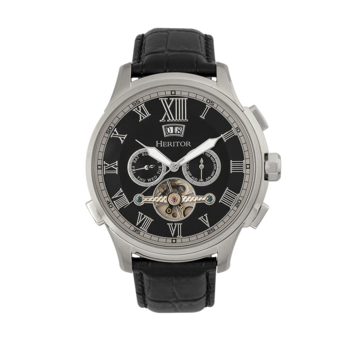 Heritor Automatic Hudson Semi-Skeleton Leather-Band Watch w/Day/Date