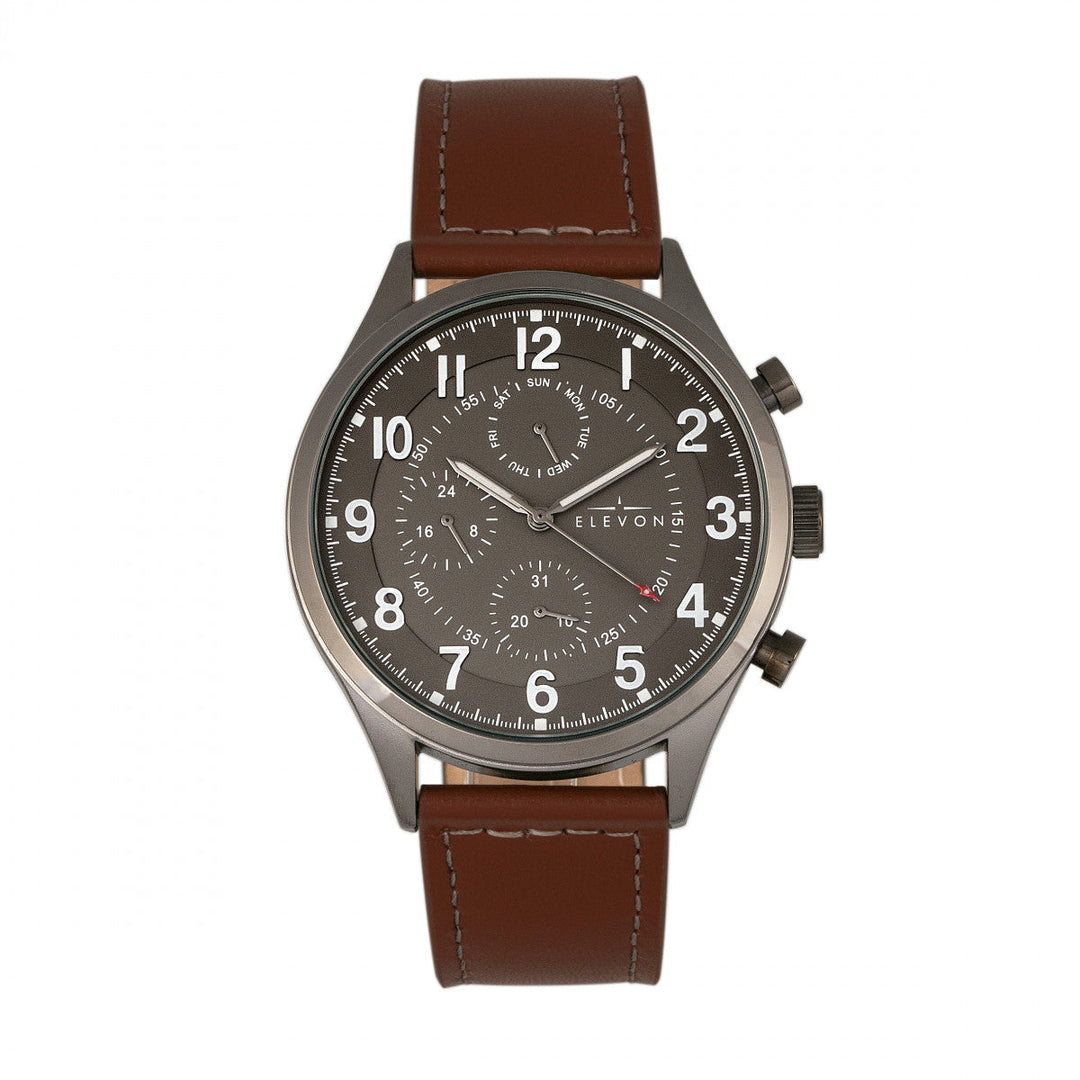 Elevon Lindbergh Leather-Band Watch w/Day/Date -  Brown/Gray
