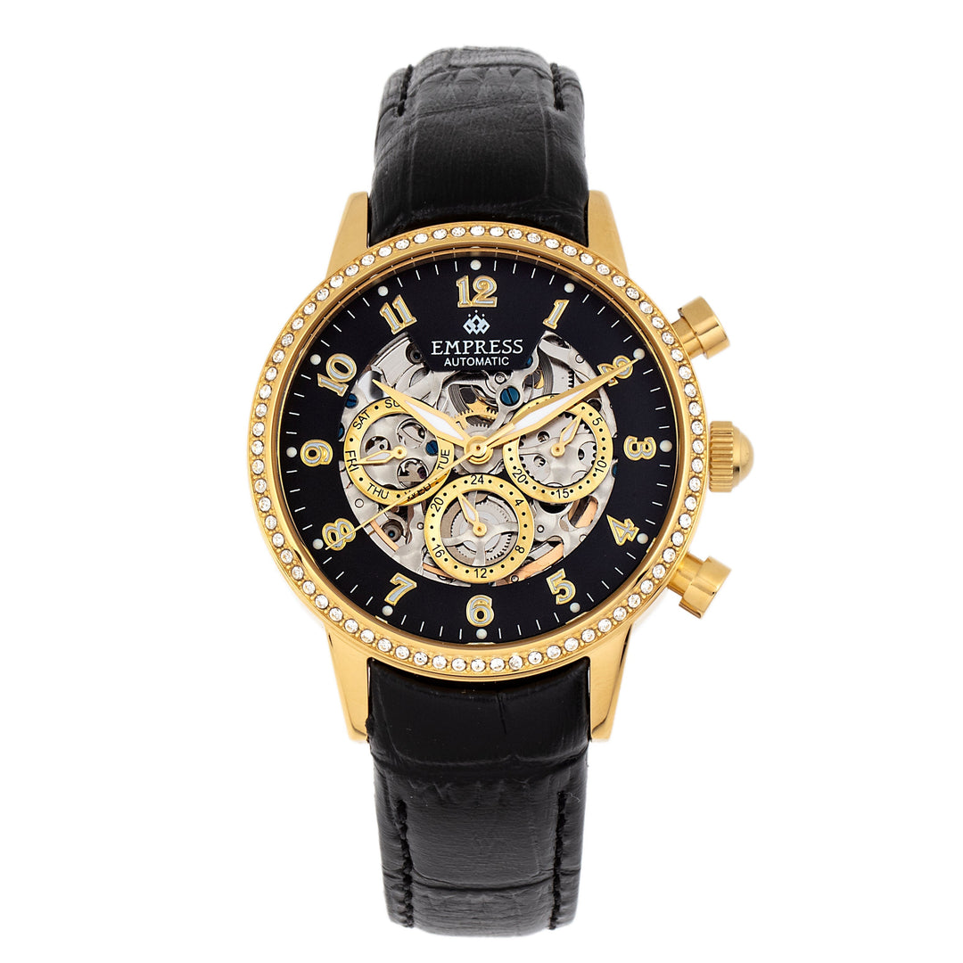 Empress Beatrice Automatic Skeleton Dial Leather-Band Watch w/Day/Date - Gold/Black