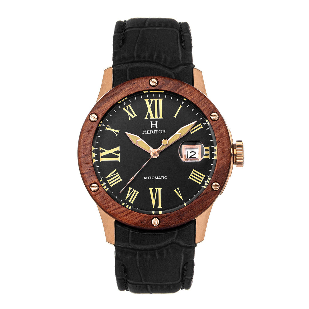 Heritor Automatic Everest Wooden Bezel Leather Band Watch /Date - Ruumur