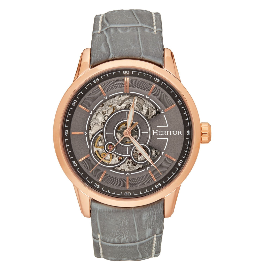 Heritor Automatic Davies Semi-Skeleton Leather-Band Watch - Ruumur