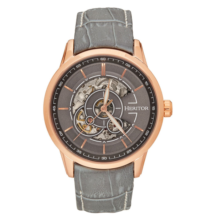 Heritor Automatic Davies Semi-Skeleton Leather-Band Watch - Ruumur
