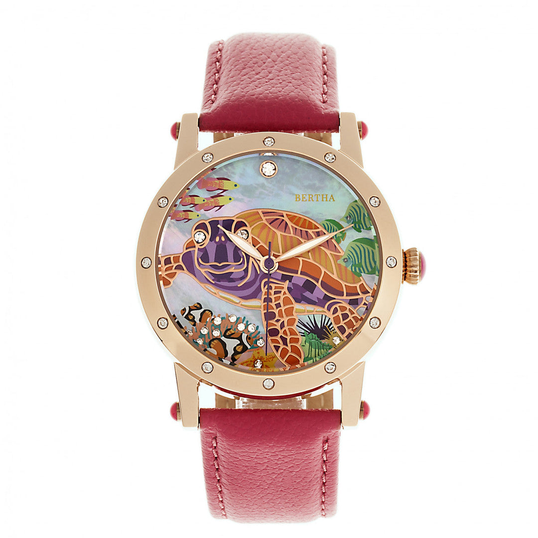 Bertha Chelsea MOP Leather-Band Ladies Watch - Rose Gold/Pink