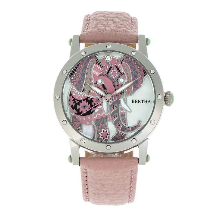 Bertha Betsy MOP Leather-Band Ladies Watch - Silver/Pink
