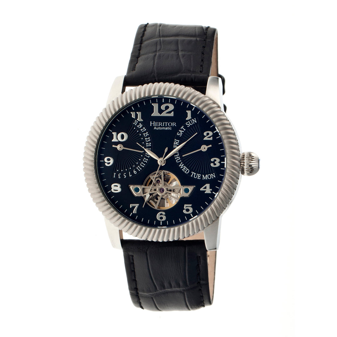 Heritor Automatic Piccard Semi-Skeleton Leather-Band Watch - Silver/Black
