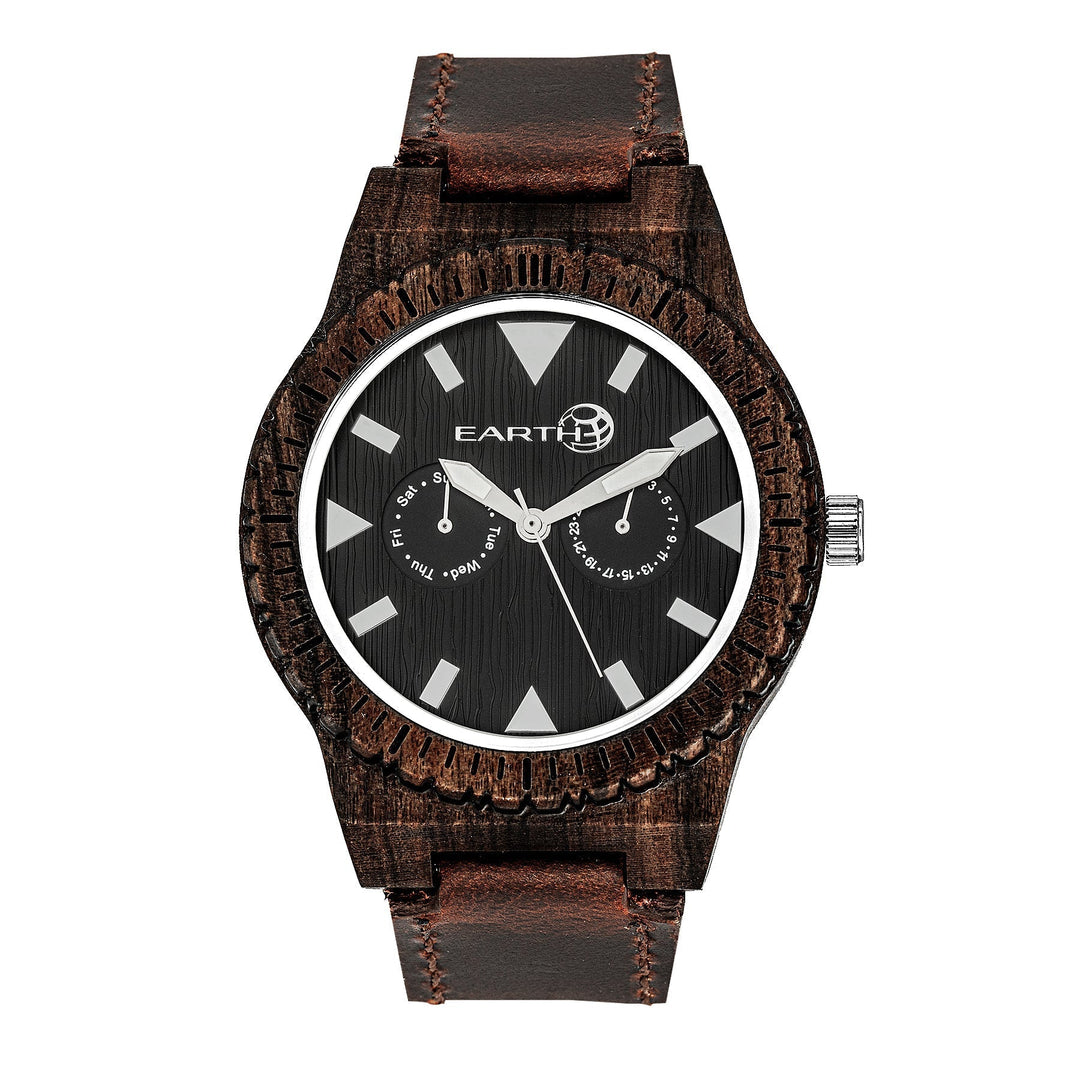 Earth Wood Hyperion Leather-Band Watch w/Day/Date - Dark Brown
