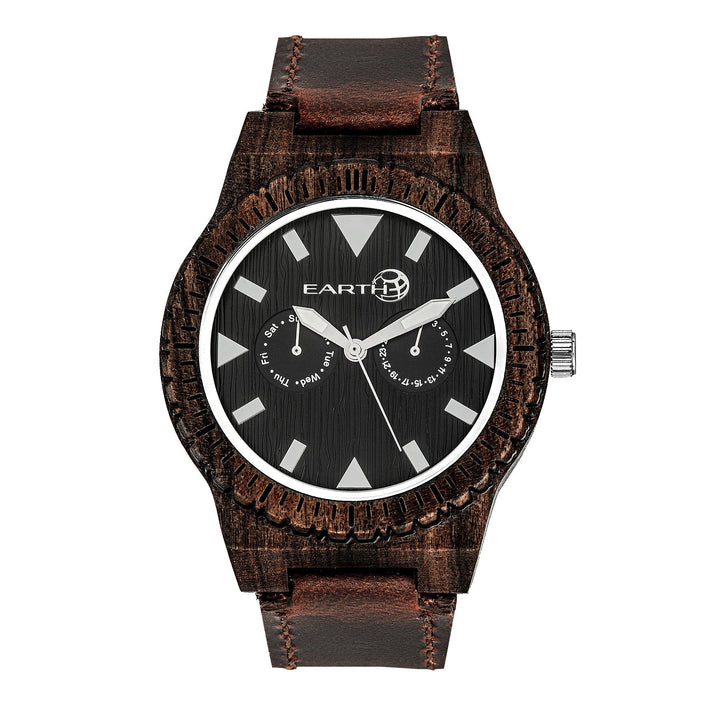 Earth Wood Hyperion Leather-Band Watch w/Day/Date - Dark Brown