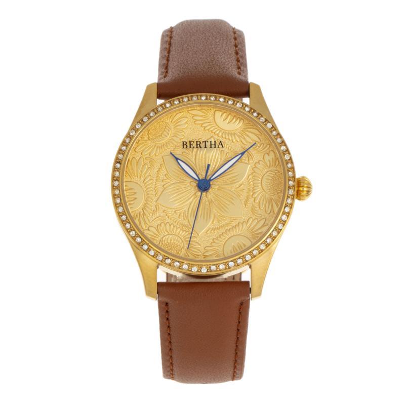 Bertha Dixie Floral Engraved Leather-Band Watch