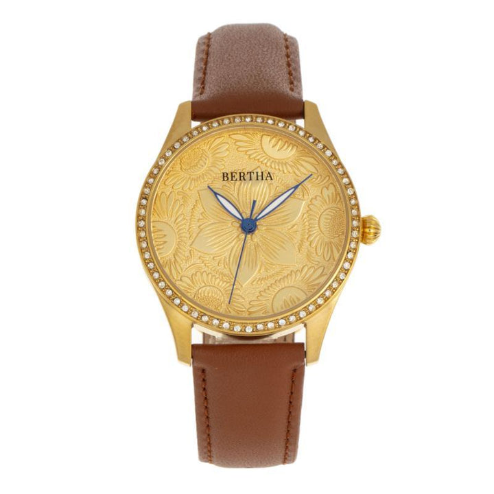 Bertha Dixie Floral Engraved Leather-Band Watch