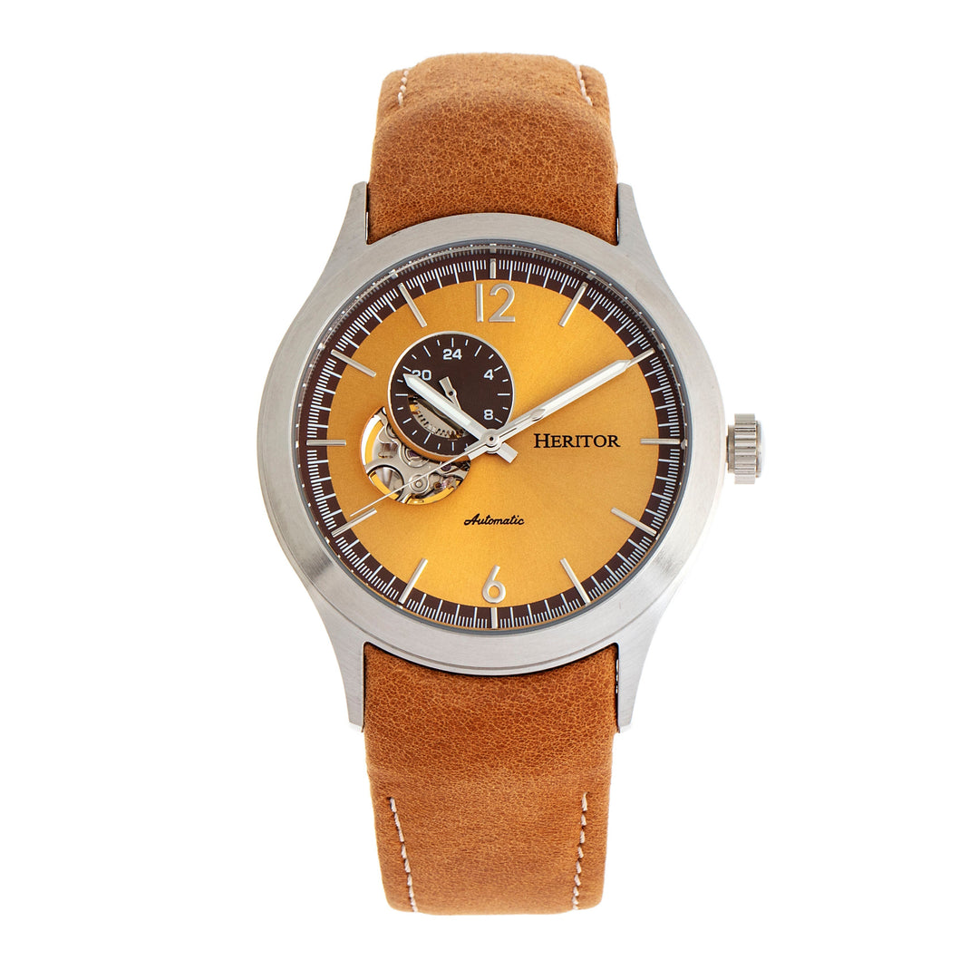 Heritor Automatic Antoine Semi-Skeleton Leather-Band Watch - Silver/Umber