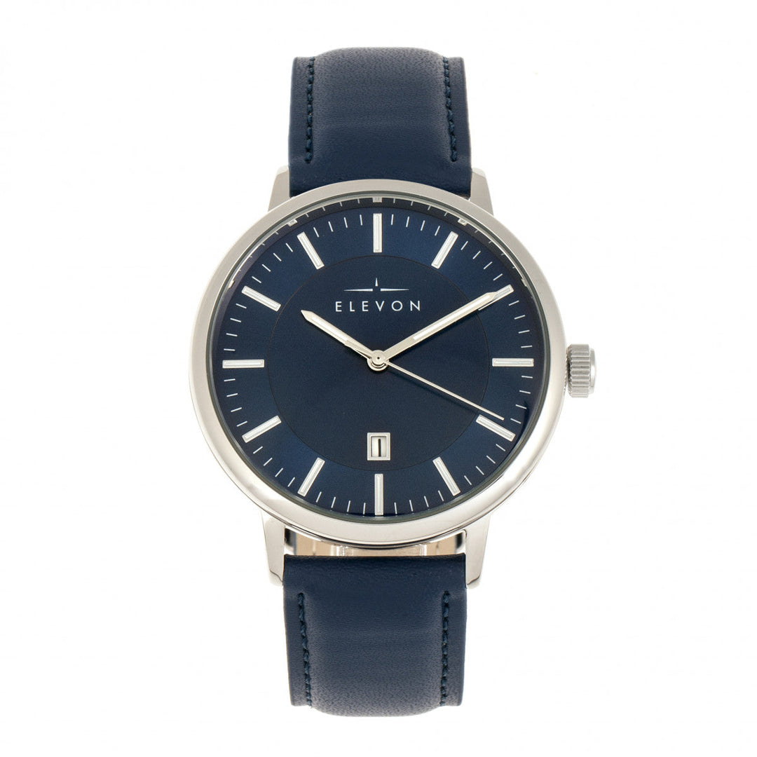 Elevon Vin Leather-Band Watch w/Date - Silver/Blue