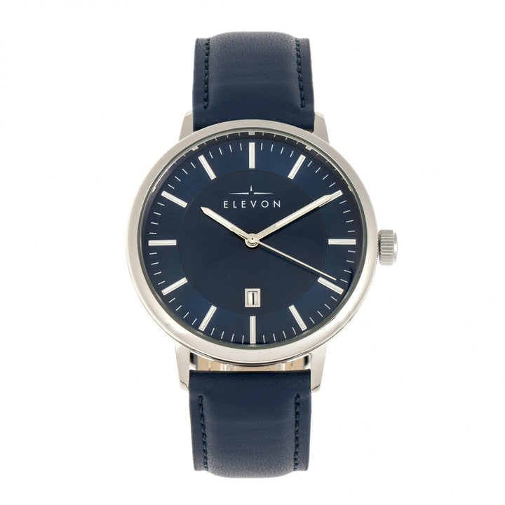 Elevon Vin Leather-Band Watch w/Date - Silver/Blue