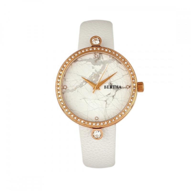 Bertha Frances Marble Dial Leather-Band Watch