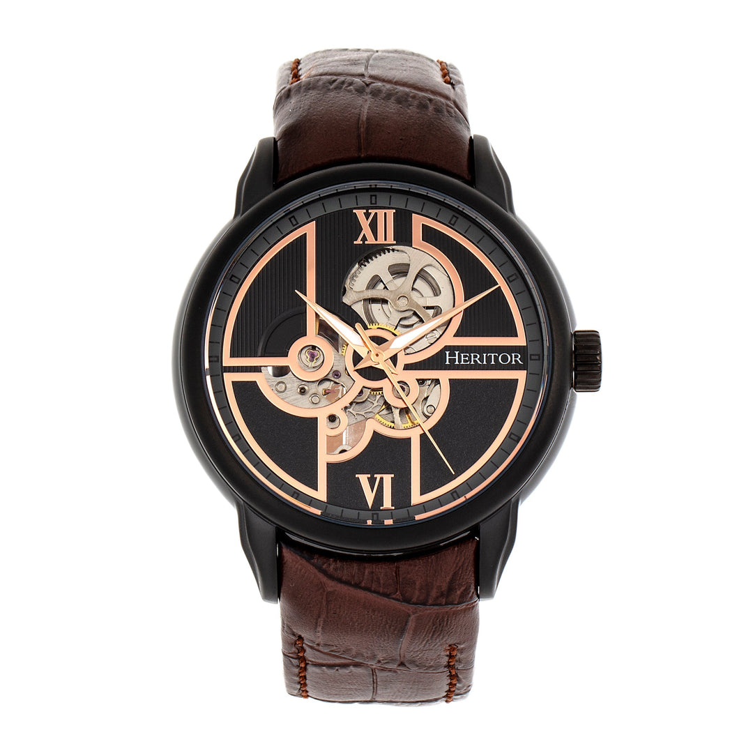 Heritor Automatic Sanford Semi-Skeleton Leather-Band Watch - Black/Brown