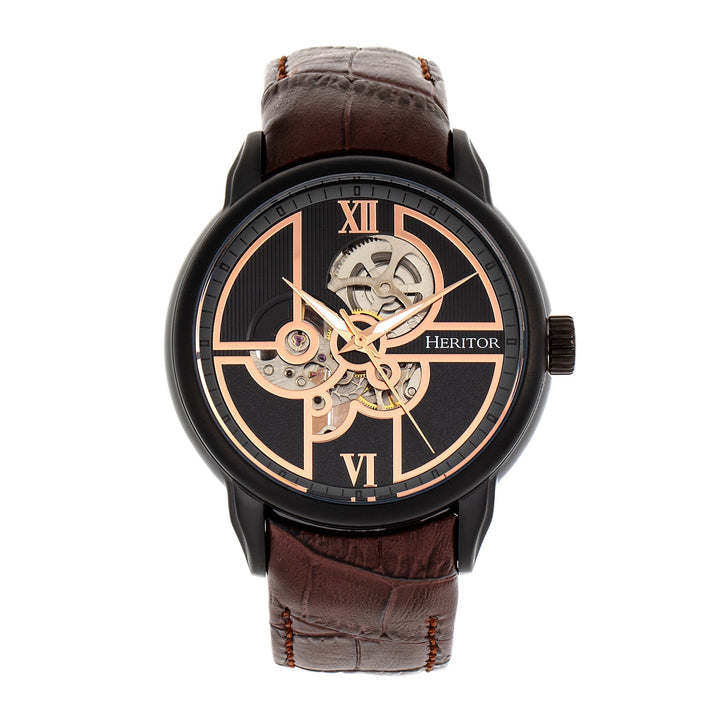 Heritor Automatic Sanford Semi-Skeleton Leather-Band Watch - Black/Brown