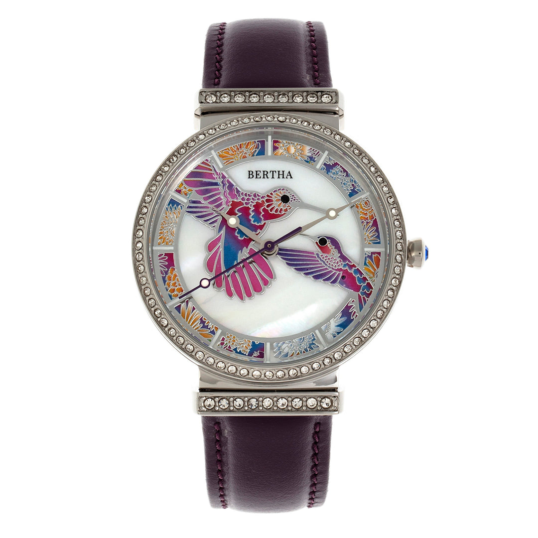 Bertha Emily Mother-Of-Pearl Leather-Band Watch - Silver/Purple