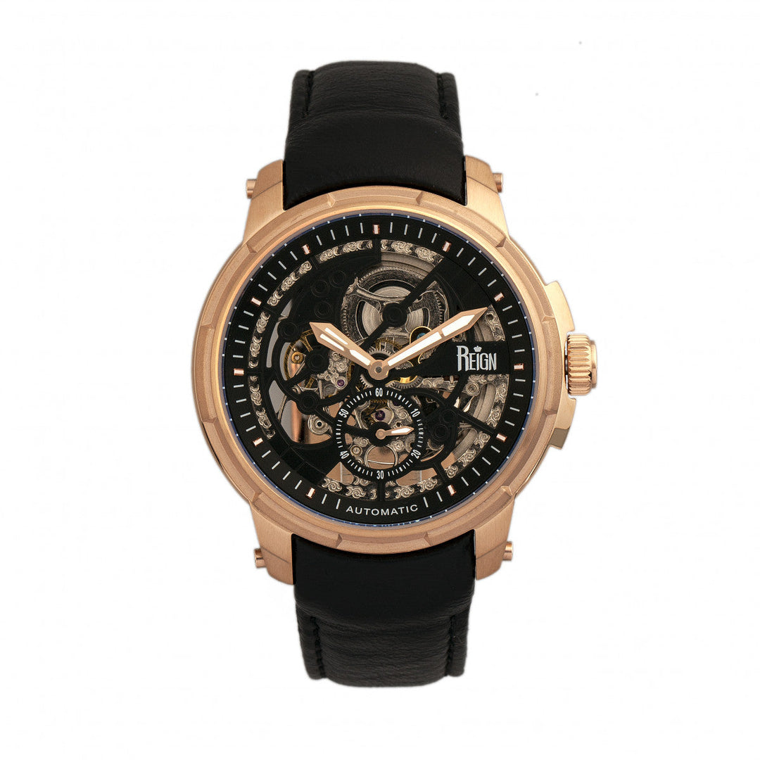 Reign Matheson Automatic Skeleton Dial Leather-Band Watch - Black/Rose Gold