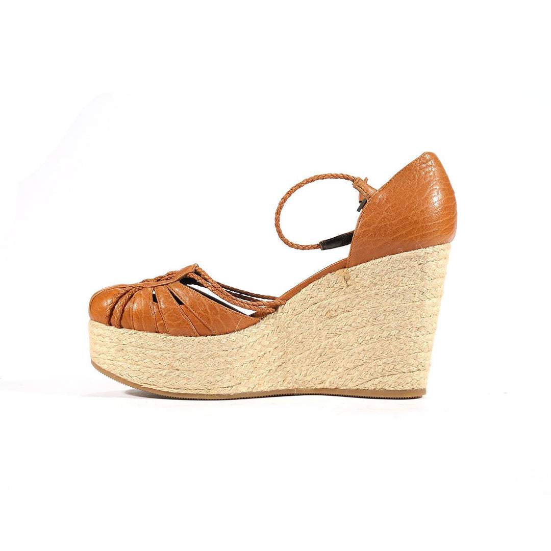 Fendi Women's Designer Shoes Brown Tweed Wedge Leather Sandals (FFW08)