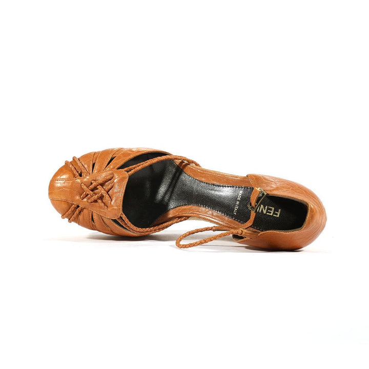 Fendi Women's Designer Shoes Brown Tweed Wedge Leather Sandals (FFW08)