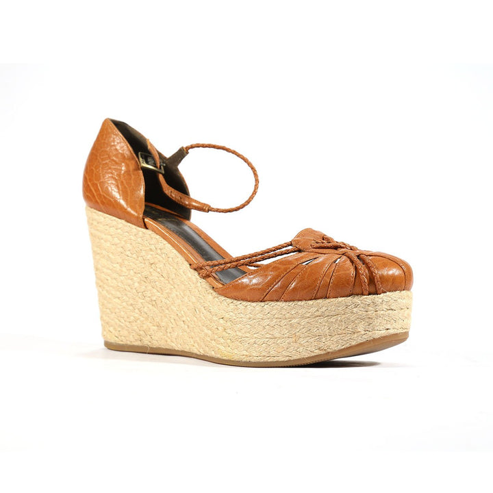 Fendi Women's Designer Shoes Brown Tweed Wedge Leather Sandals (FFW08)