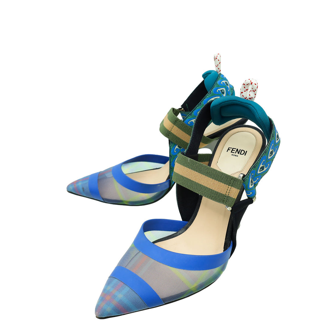 Fendi Blue Multicolor Colibri Mesh Slingback Pump 36