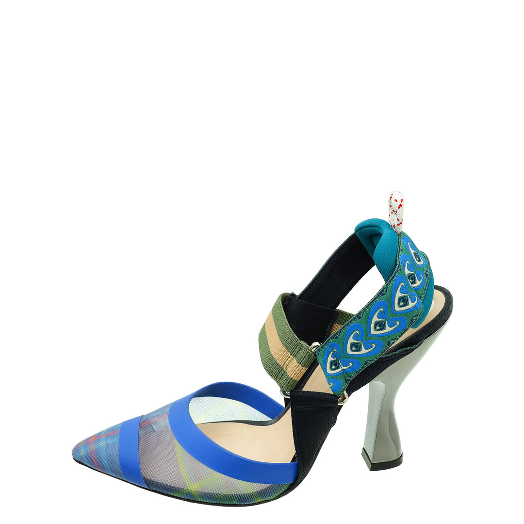 Fendi Blue Multicolor Colibri Mesh Slingback Pump 36