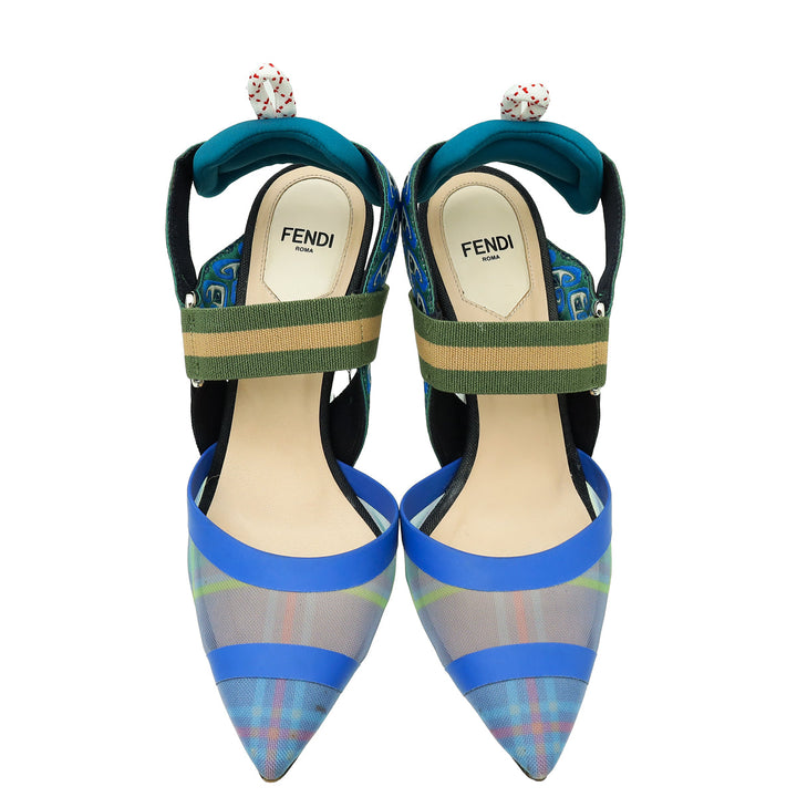 Fendi Blue Multicolor Colibri Mesh Slingback Pump 36
