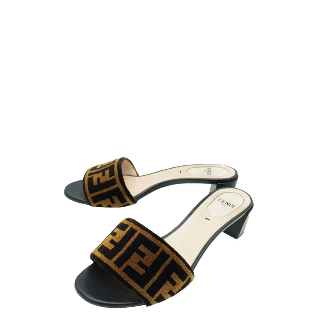 Fendi Brown FF Velvet Slide Mules 37