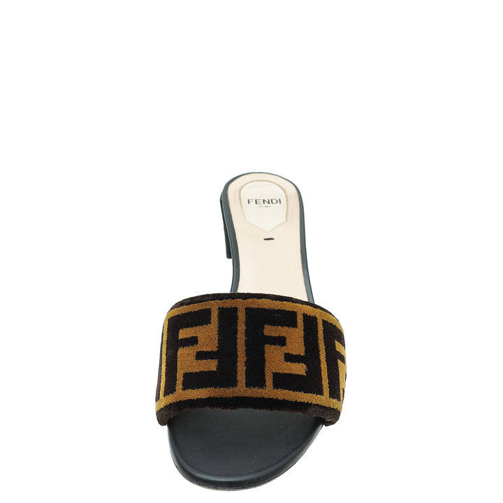 Fendi Brown FF Velvet Slide Mules 37