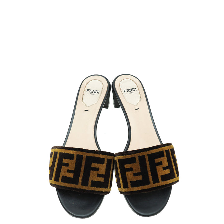 Fendi Brown FF Velvet Slide Mules 37