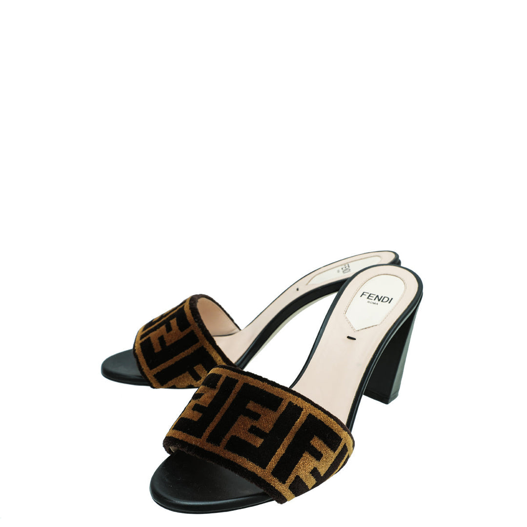 Fendi Brown Velvet FF Slide Heel Sandals 37