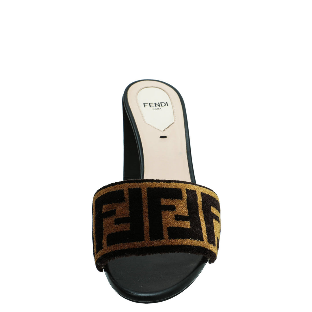 Fendi Brown Velvet FF Slide Heel Sandals 37