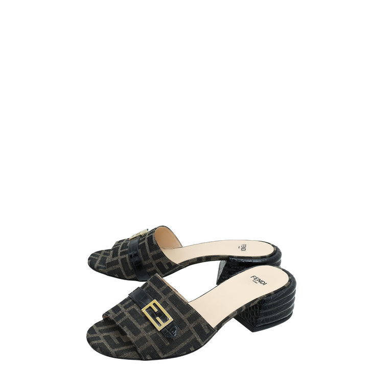 Fendi Bicolor Zucca FF Buckle Heeled Mules 38