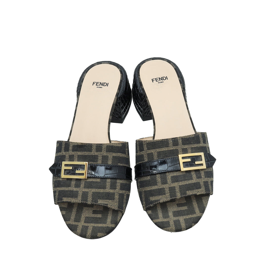 Fendi Bicolor Zucca FF Buckle Heeled Mules 38