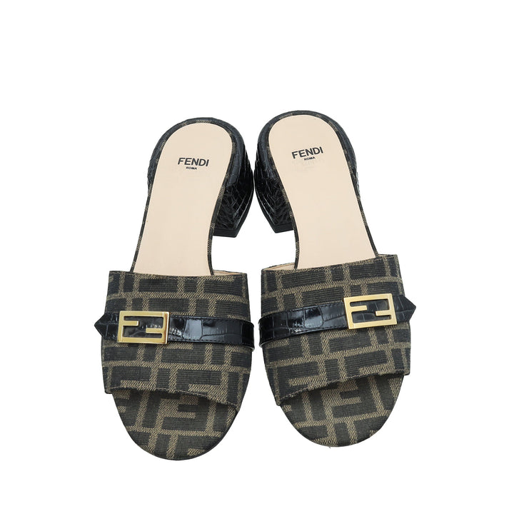 Fendi Bicolor Zucca FF Buckle Heeled Mules 38